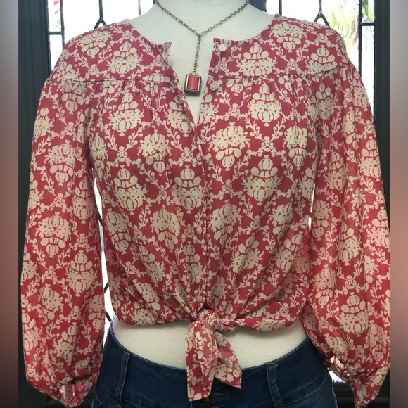 Ann Taylor LOFT Pink Ivory Damask Floral Long Sleeve Button Front Blouse - Picture 1 of 8